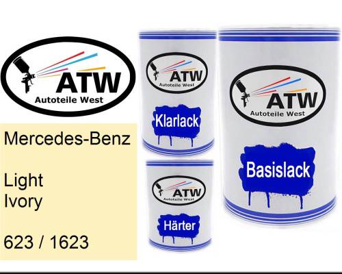 Mercedes-Benz, Light Ivory, 623 / 1623: 500ml Lackdose + 500ml Klarlack + 250ml Härter - Set, von ATW Autoteile West.